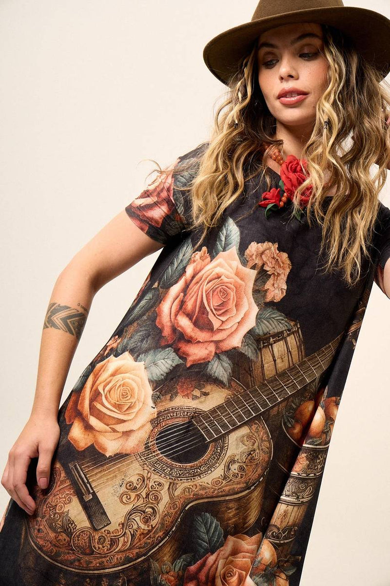 Vestido Longo De Mangas Curtas Grafite Estampa De Violão Yacamim