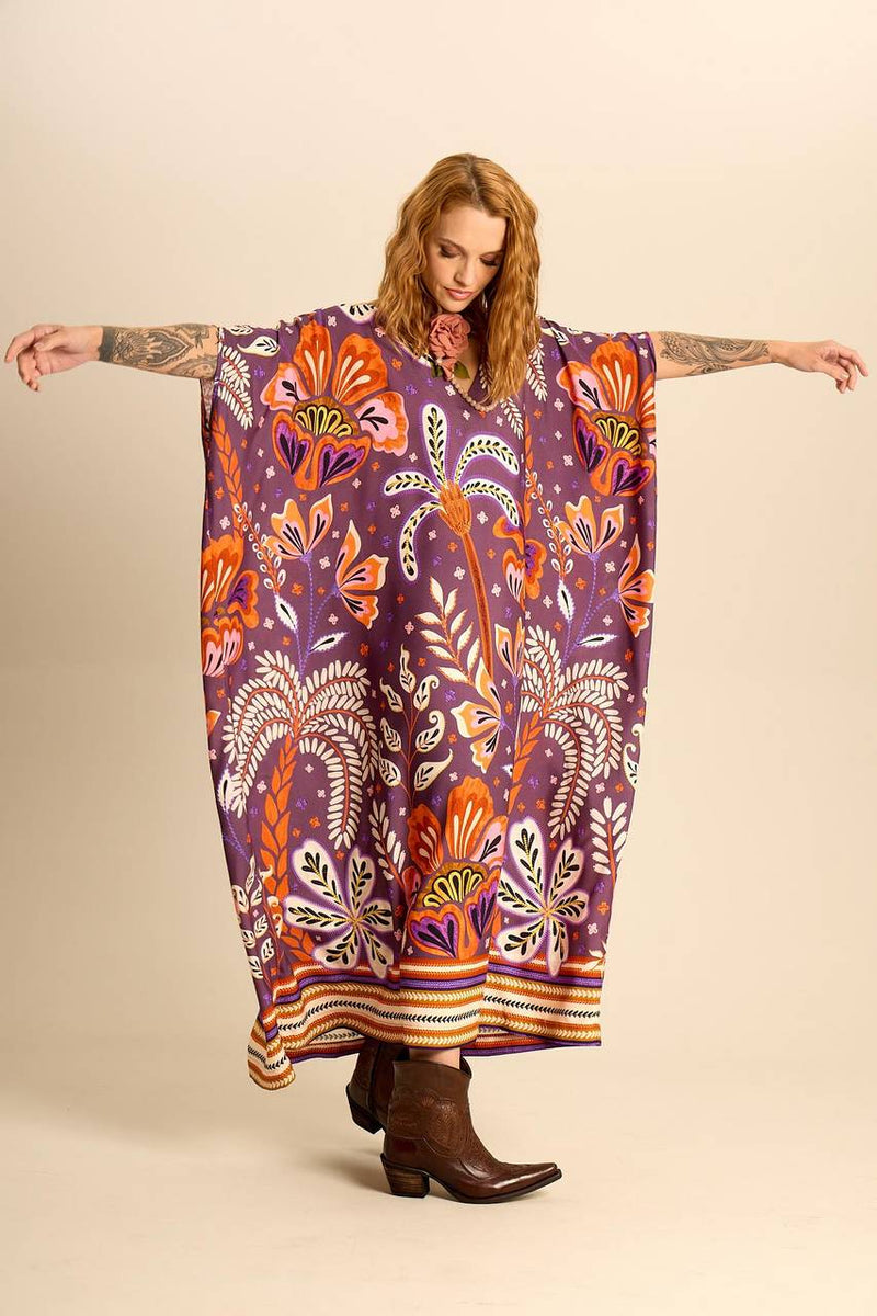 Kaftan Longo Amplo Com Decote Em V Roxo Escuro Estampado Yacamim J6