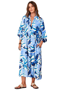 Chemise Midi Amplo Azul Estampa Tropical Yacamim P9