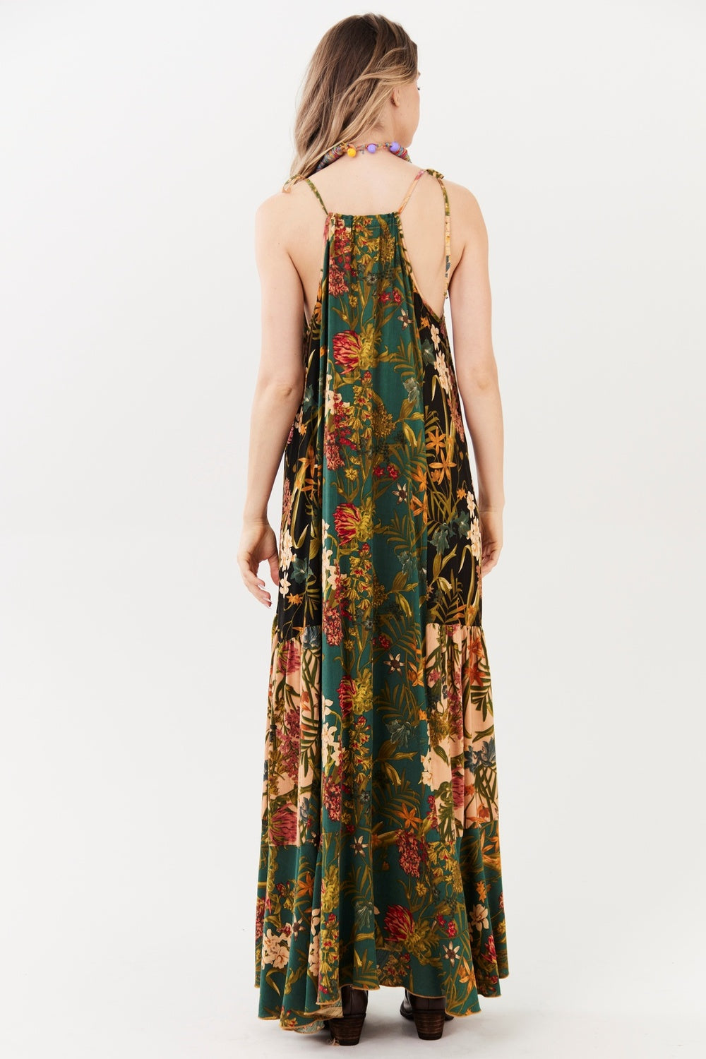 Vestido Longo Verde Escuro Estampado Patchwork Yacamim E8