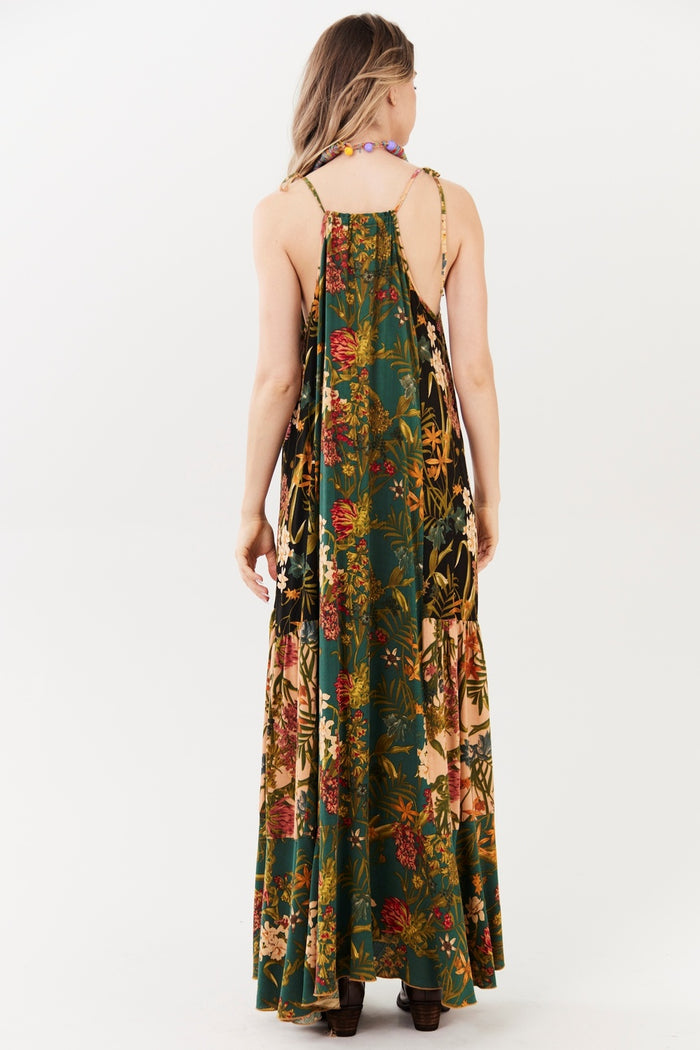 Vestido Longo Verde Escuro Estampado Patchwork Yacamim E8