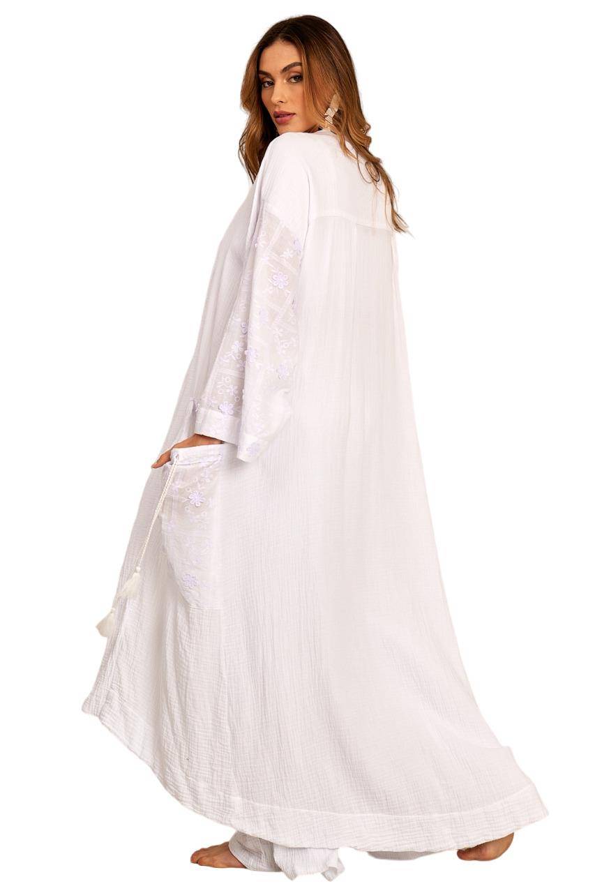 Kimono Longo Com Flores Bordadas Branco Yacamim J7