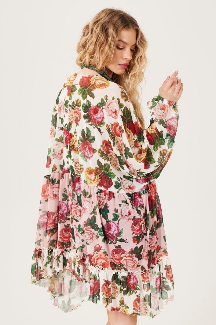 Bata Ampla De Tule Alongada Rosa Patchwork Yacamim B12