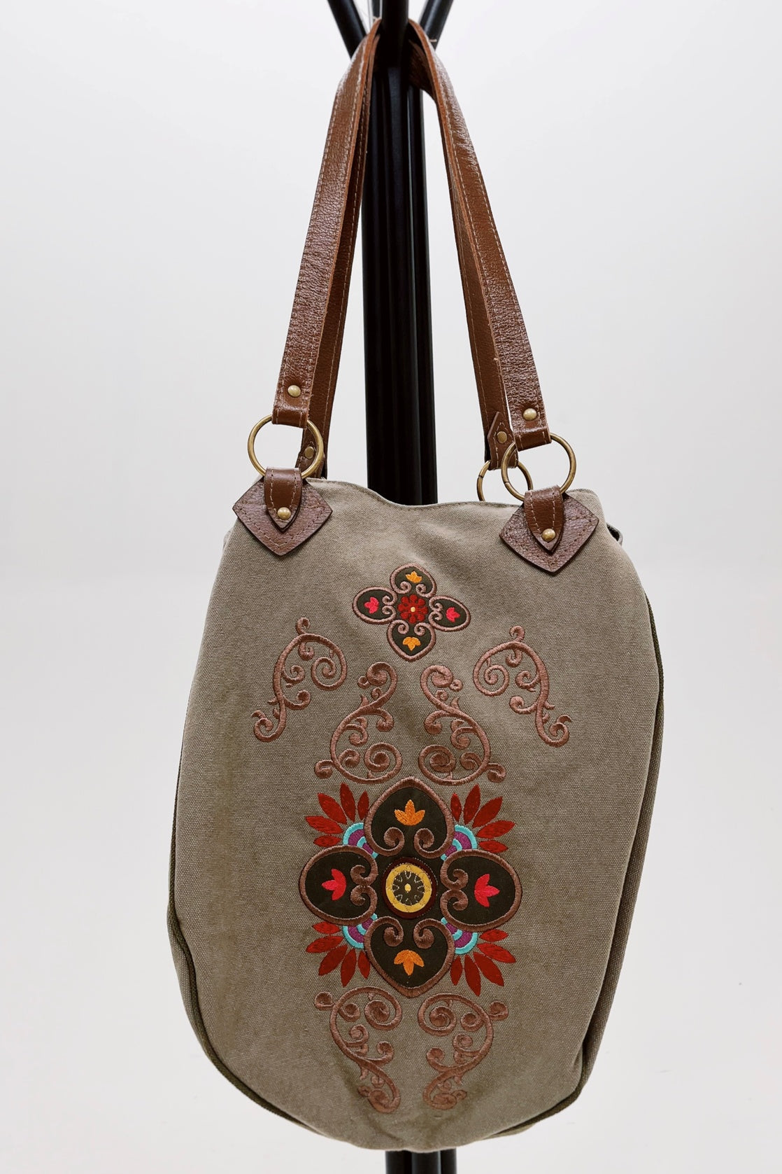 Bolsa De Lona Grande Artesanal Com Bordados Yacamim #776