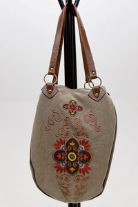 Bolsa De Lona Grande Artesanal Com Bordados Yacamim #776