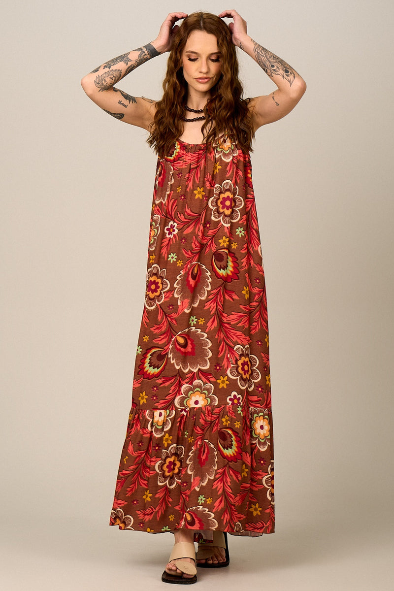 Vestido Longo Alças Reguláveis Marrom Estampado Yacamim E11