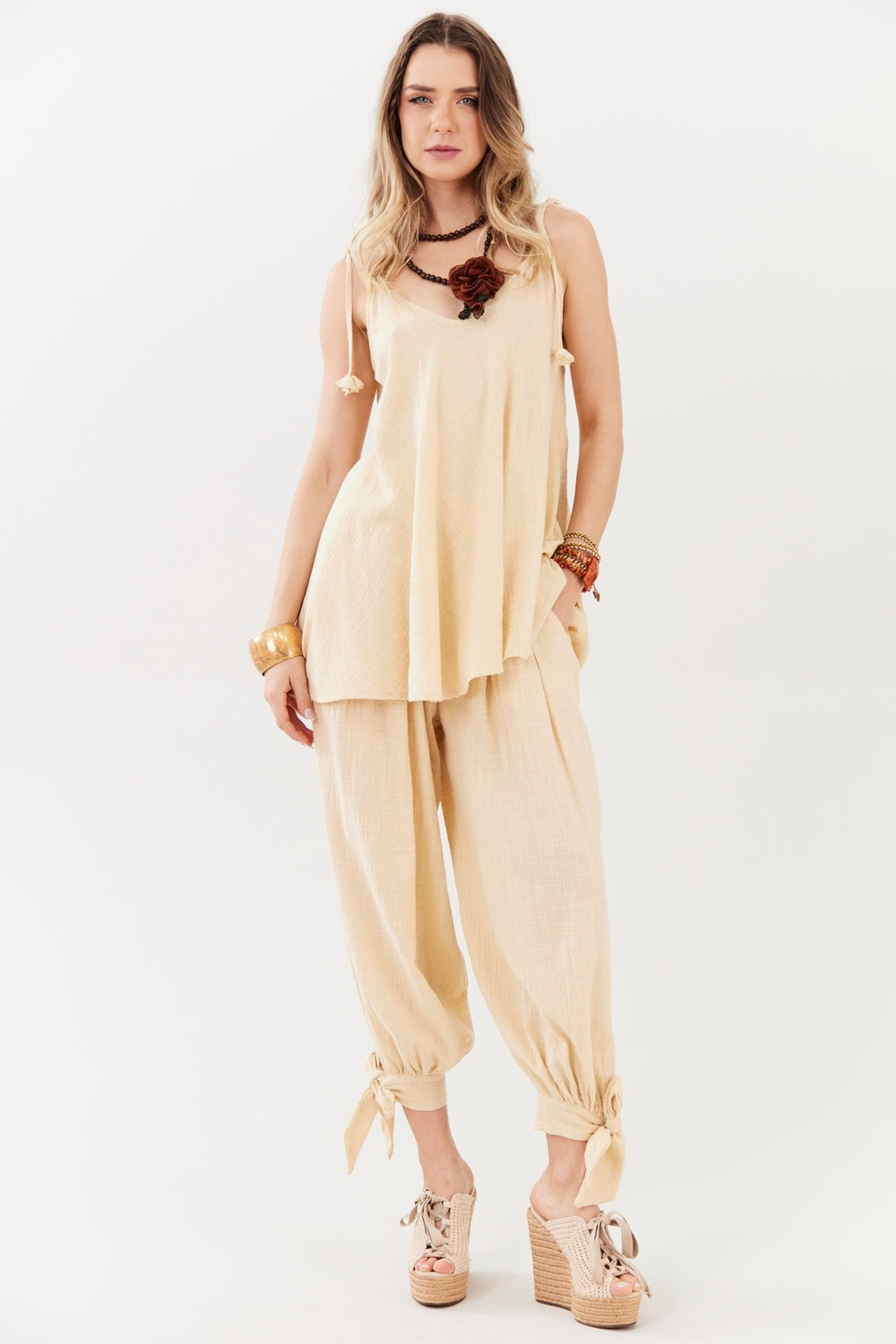 Calça Aladim Gaze Marrakesh Bege Yacamim A30