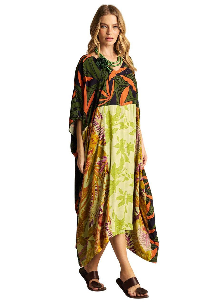 Kaftan Amplo Com Decote Em V Verde Patchwork Yacamim K5