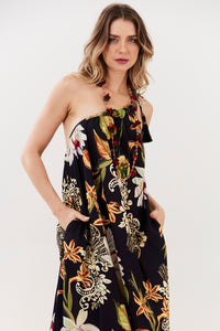 Vestido Longo Frente Única Preto Estampado Yacamim E20