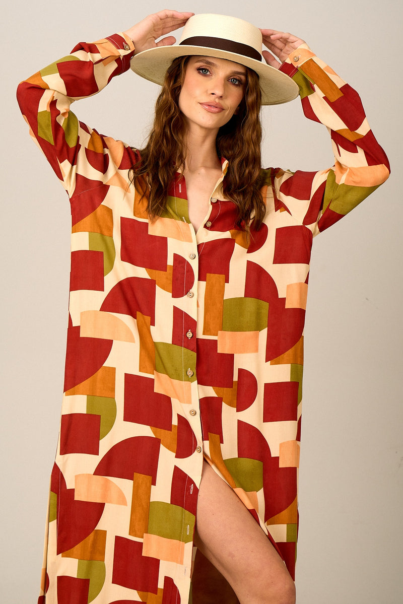 Chemise Longa Ampla Estampas Geométricas Yacamim N4