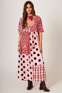 Vestido Midi Estampa De Poá Patchwork Rosa Claro Yacamim E26