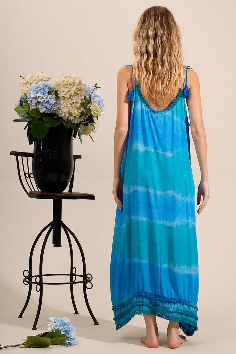 Vestido Midi Alças De Amarrar Com Pompons Azul Tie Dye Digital Yacamim D7