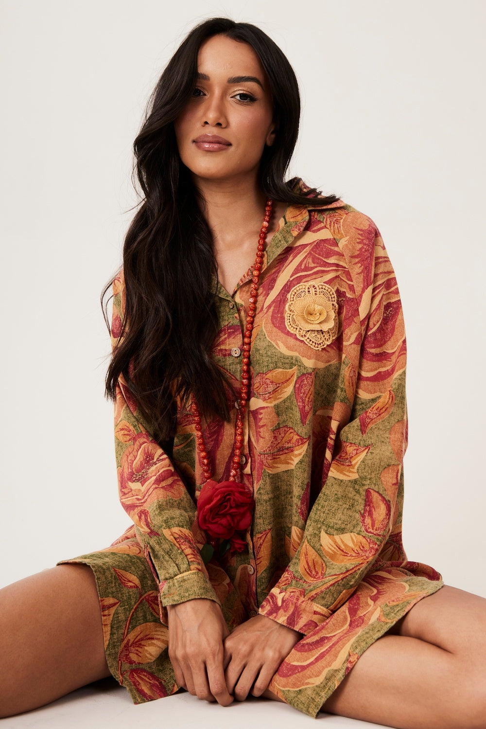 Chemise Ouro Preto 100% Algodão Verde Com Flores Laranjas Yacamim N8