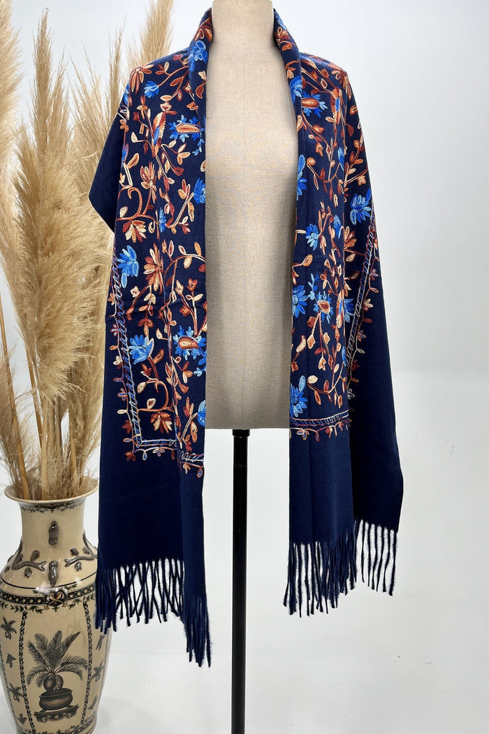 Cachecol Cashmere Azul Marinho Bordado Yacamim #239