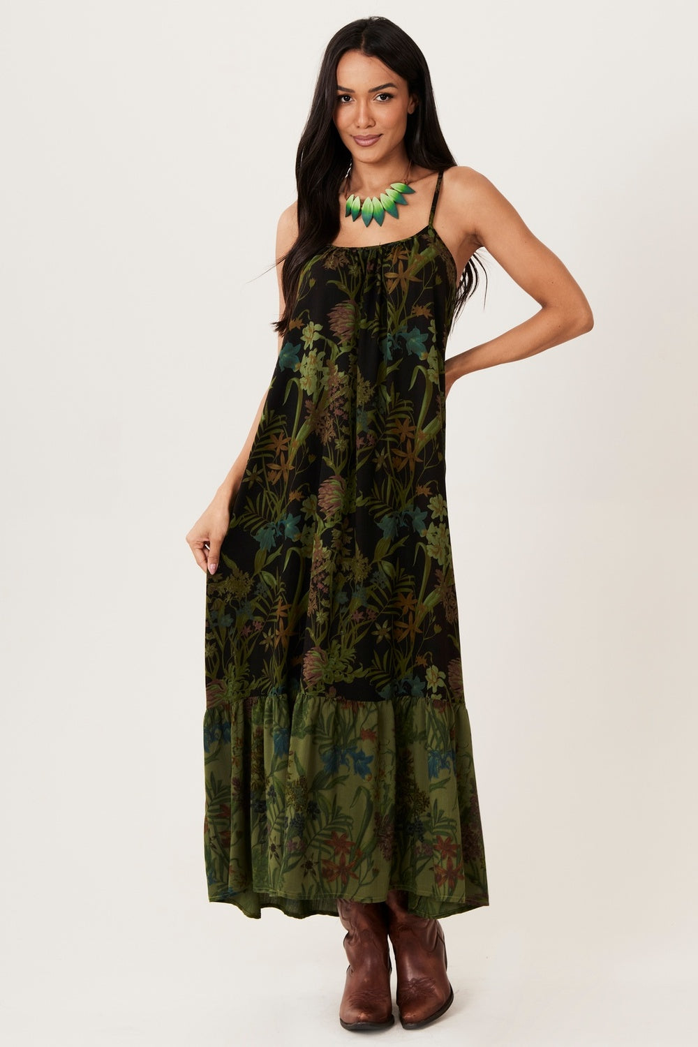 Vestido Longo De Alças Preto E Verde Patchwork Yacamim E20