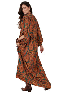 Vestido Longo Marrom Estampa Cashmere Yacamim D6