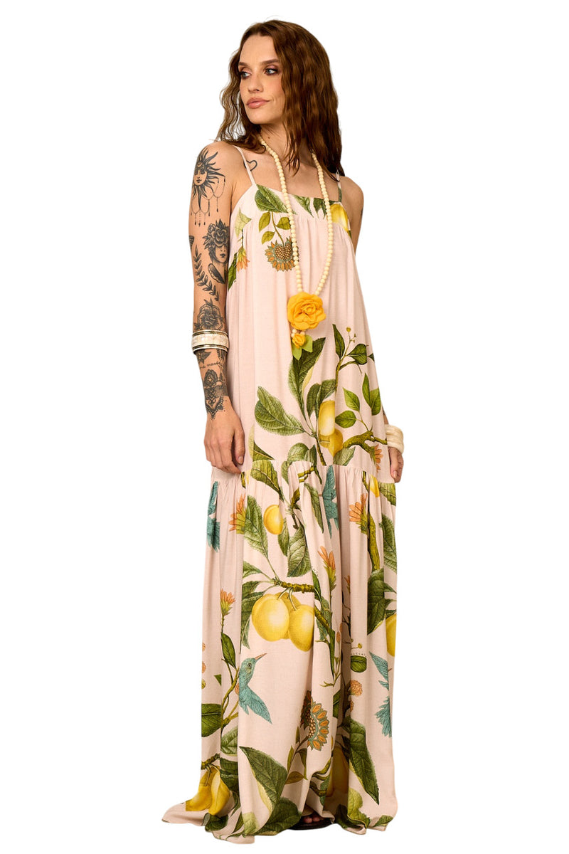 Vestido Longo De Alças Reguláveis Bege Estampado Yacamim E2