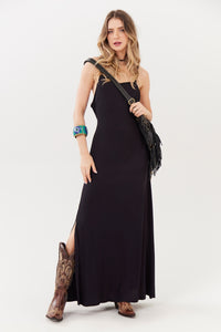 Vestido Longo Com Fendas Laterais Preto Yacamim C26