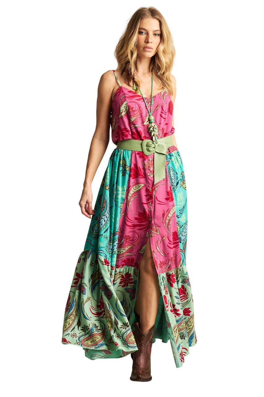 Vestido Longo Com Alças Reguláveis Rosa E Verde Patchwork Yacamim D20