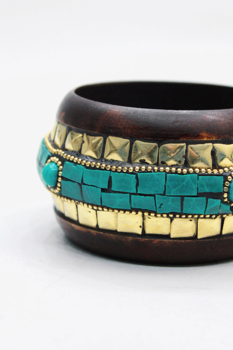 Pulseira Bracelete Largo De Madeira Com Pedras Yacamim #445