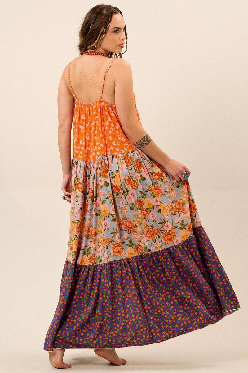 Vestido Longo De Alças Com Fechamento De Botões Laranja Patchwork Yacamim K3