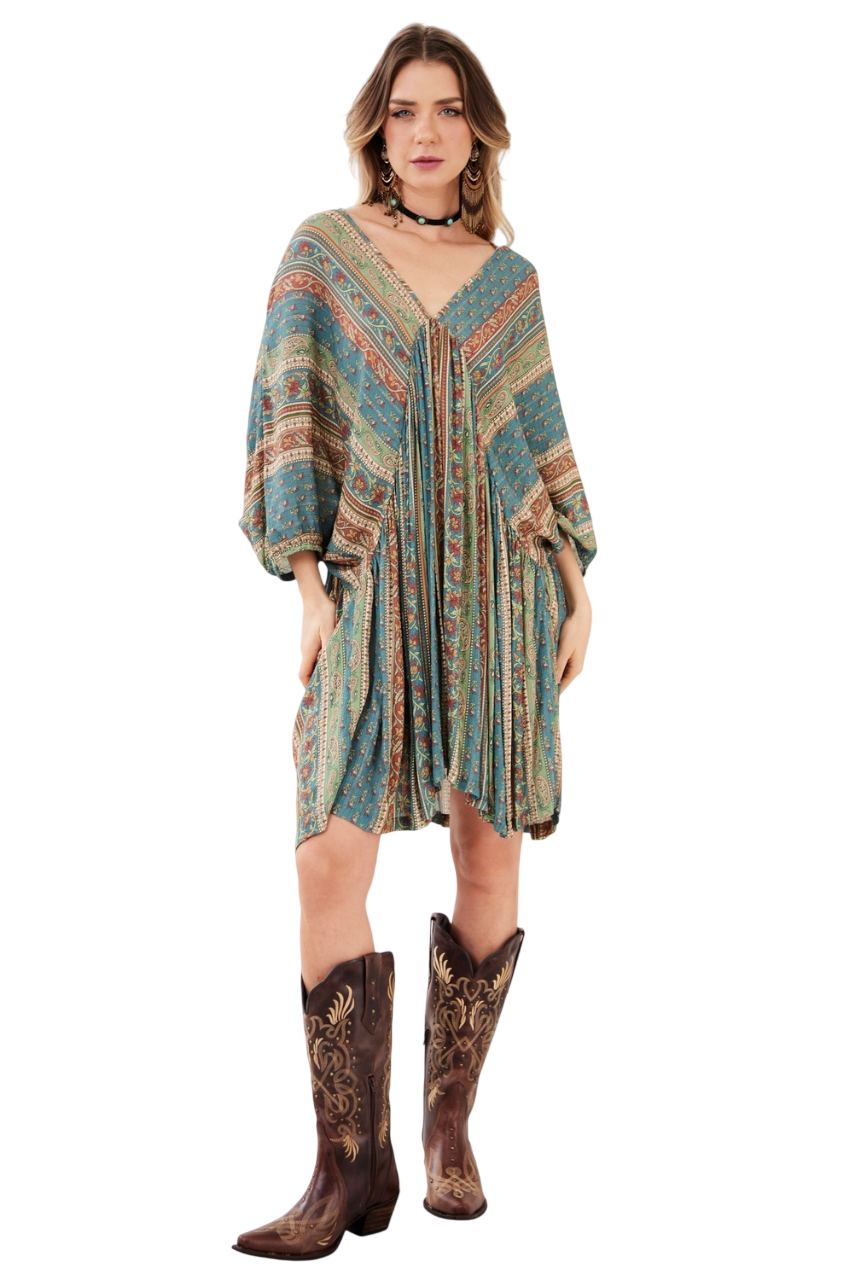 Vestido Curto Decote Em V Verde Listrado Estampado Yacamim C7