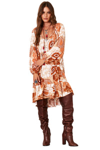 Vestido Curto Com Mangas Longas Marrom Estampado Yacamim C18