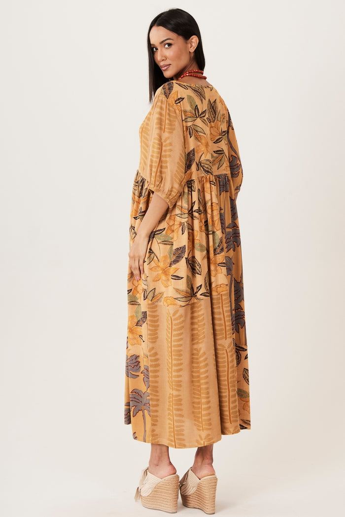 Vestido Midi Marrom Claro Patchwork Yacamim E28