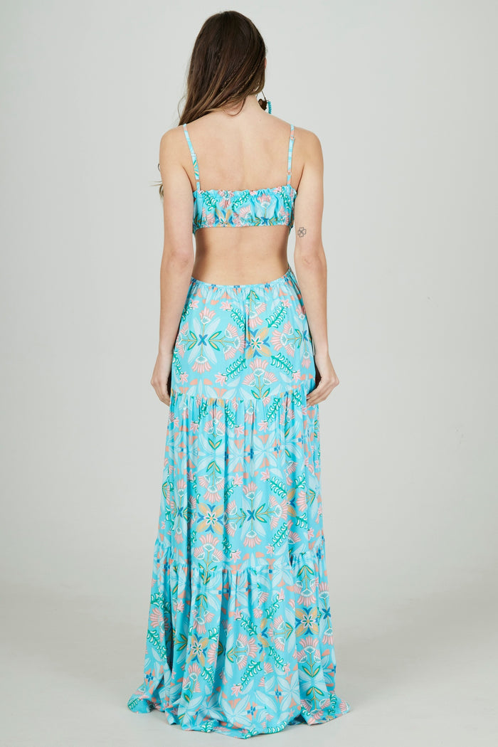 Vestido Longo Alças Azul Tiffany Estampado Yacamim C6