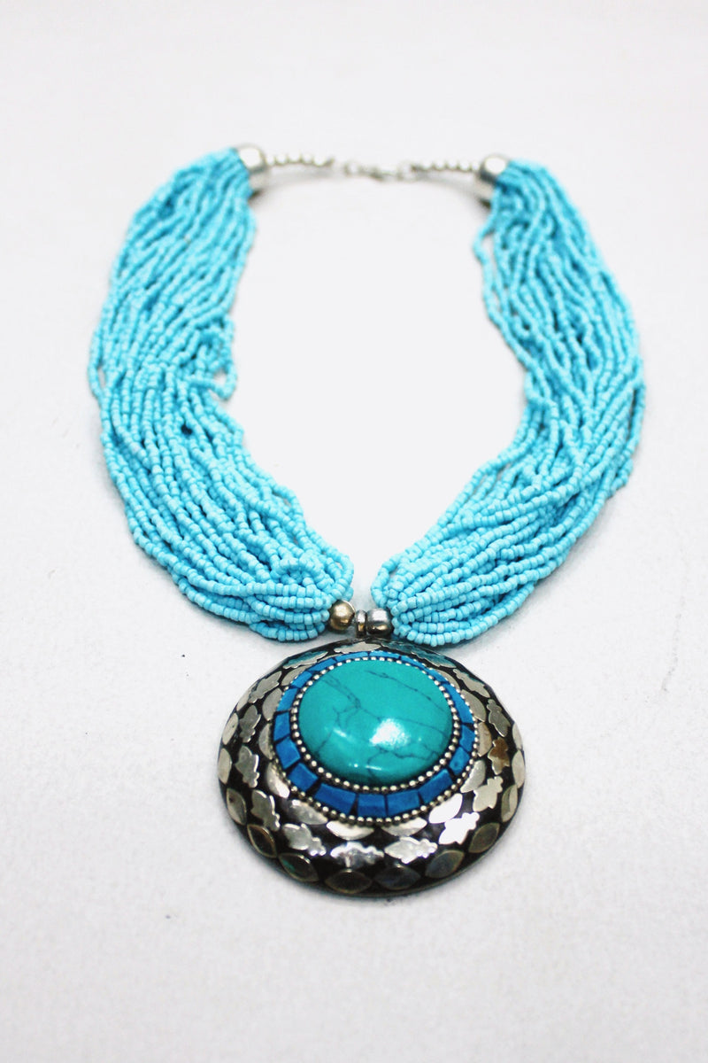 Colar Tibetano Com Miçangas Azul Claro Yacamim #432