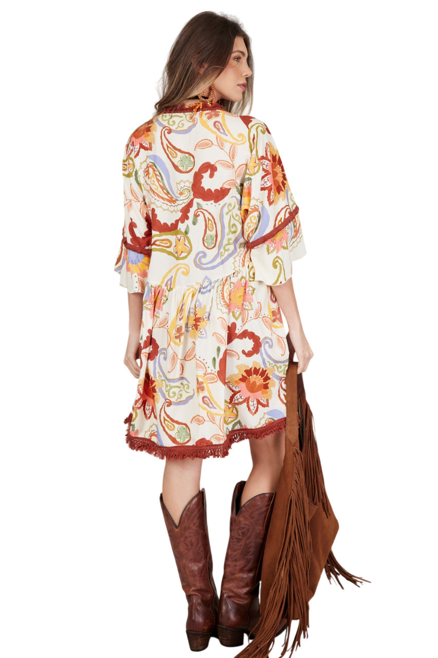 Vestido Curto Aberto Com Franjas Bege Cashmere Yacamim E5