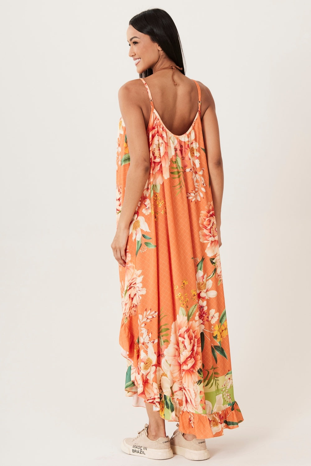 Vestido Midi Alças Reguláveis Laranja Estampado Yacamim E8