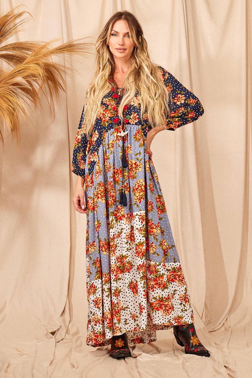 Vestido Longo Com Mangas Longas Bufantes Patchwork Yacamim D6