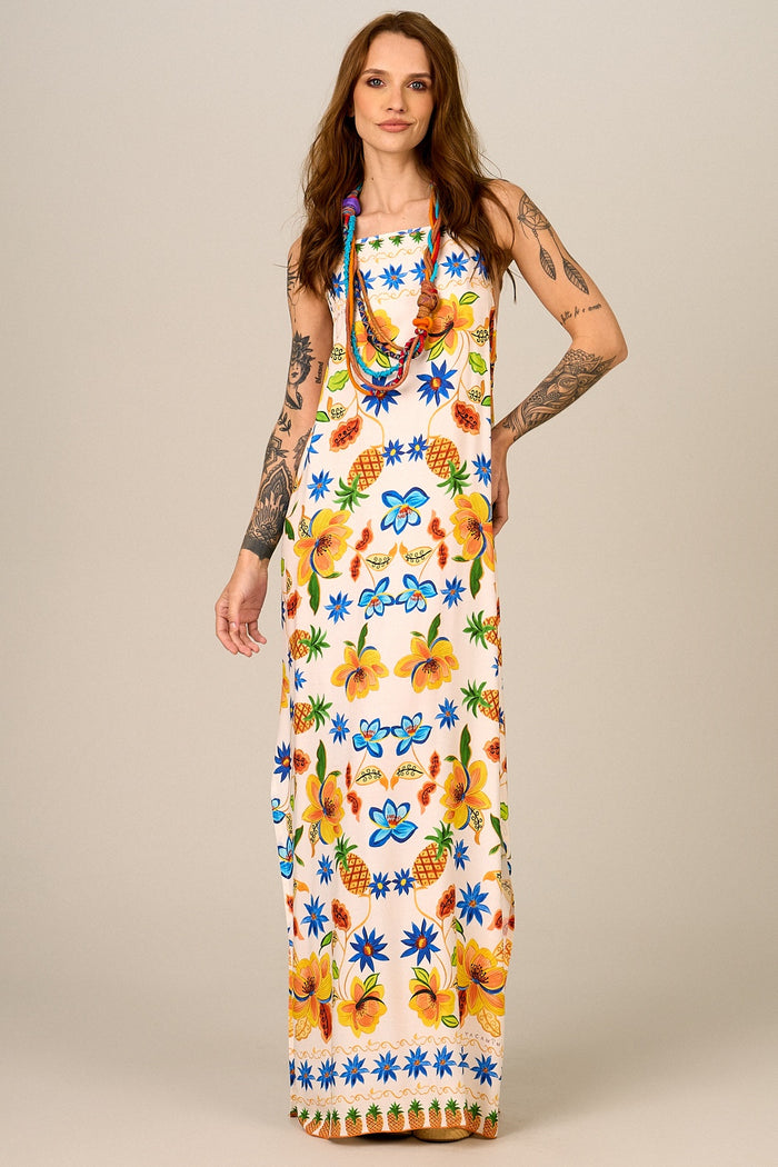 Vestido Longo De Alças Bege Estampa De Abacaxi Yacamim C18