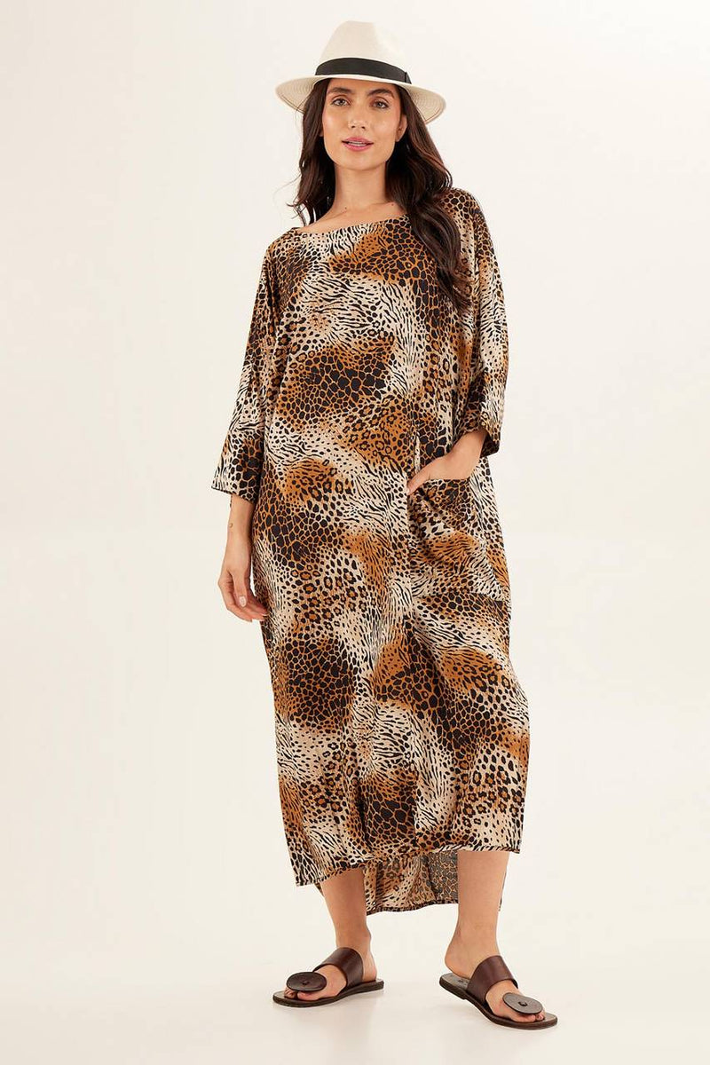 Vestido Midi Com Mangas 3/8 Animal Print Yacamim