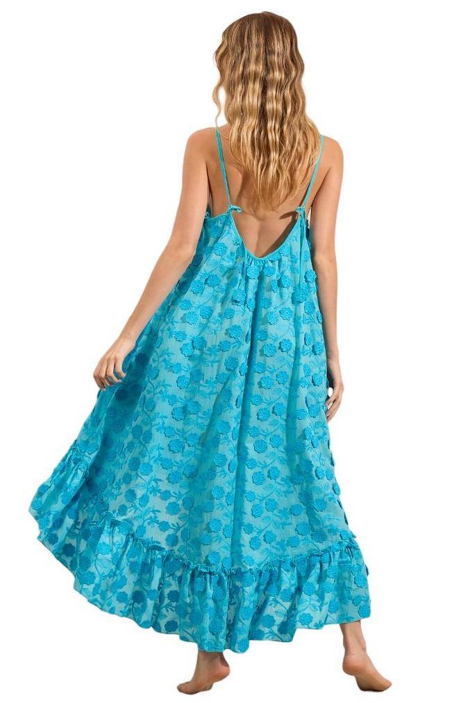 Vestido Mullet Broderie Com Flores Bordadas Azul Yacamim C27