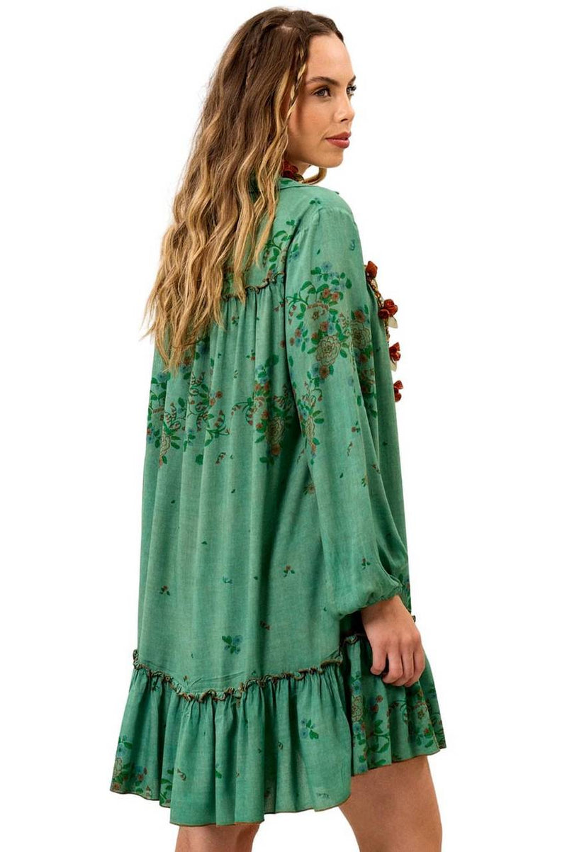 Vestido Chemise Curto Com Mangas Longas Bufantes Verde Estampado Yacamim