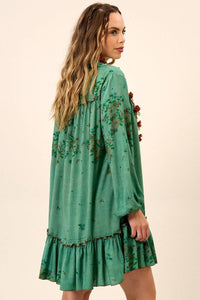 Vestido Chemise Curto Com Mangas Longas Bufantes Verde Estampado Yacamim