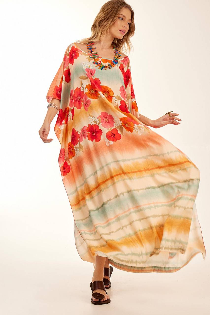 Kaftan Longo Amplo Estampa Digital Floral Yacamim