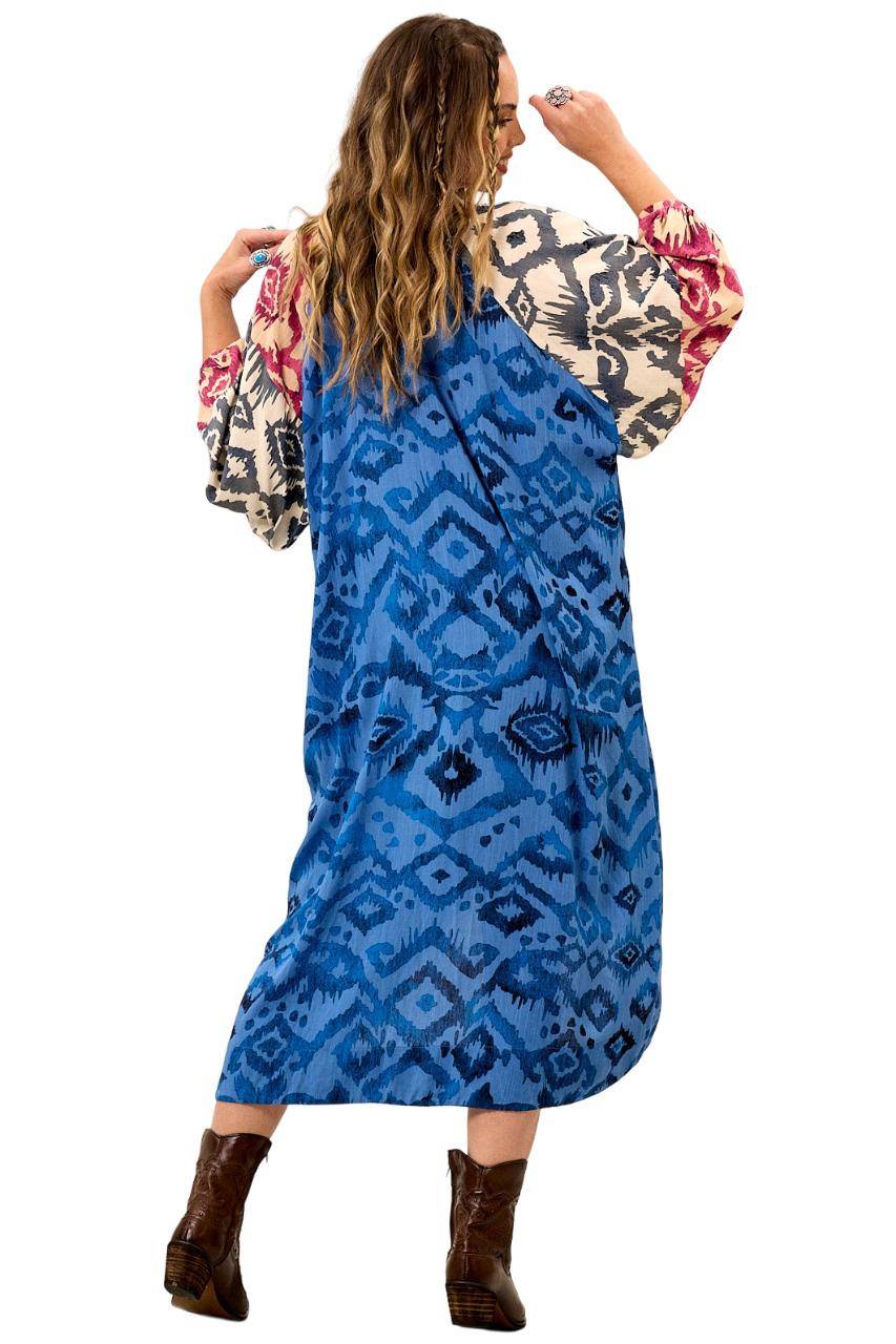 Chemise Amplo Com Mangas Longas Bufantes Azul Patchwork Yacamim K9