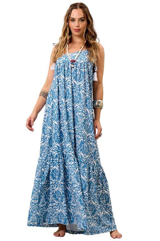 Vestido Longo De Alças Com Recorte Assimétrico Azul Estampado Yacamim