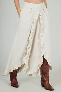 Calça De Viscolinho Babados Sobrepostos Bege Yacamim G1