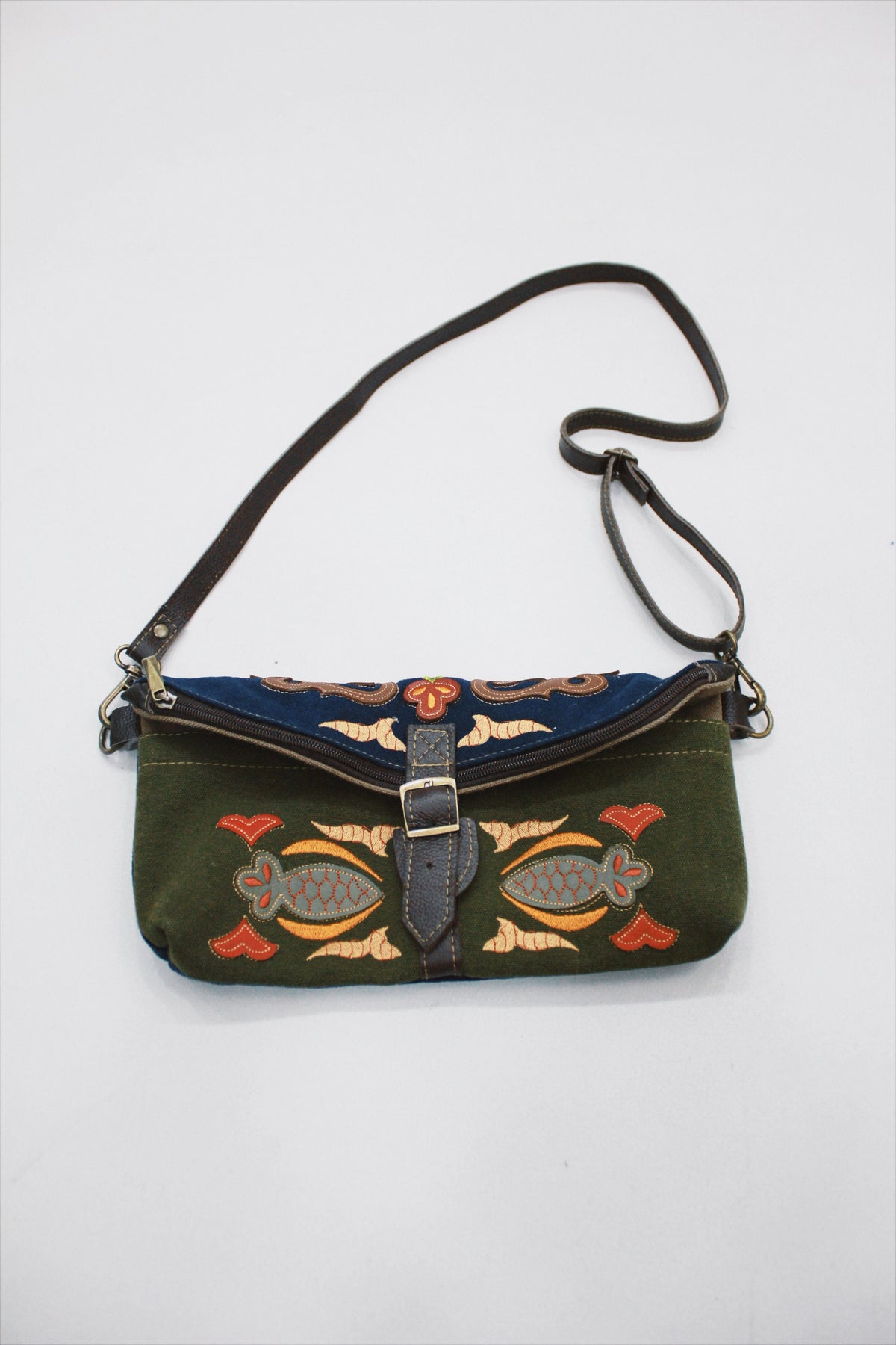 Bolsa Pochete De Lona Artesanal Verde E Azul Yacamim #527