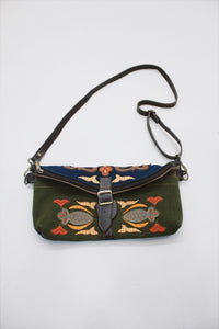Bolsa Pochete De Lona Artesanal Verde E Azul Yacamim #527