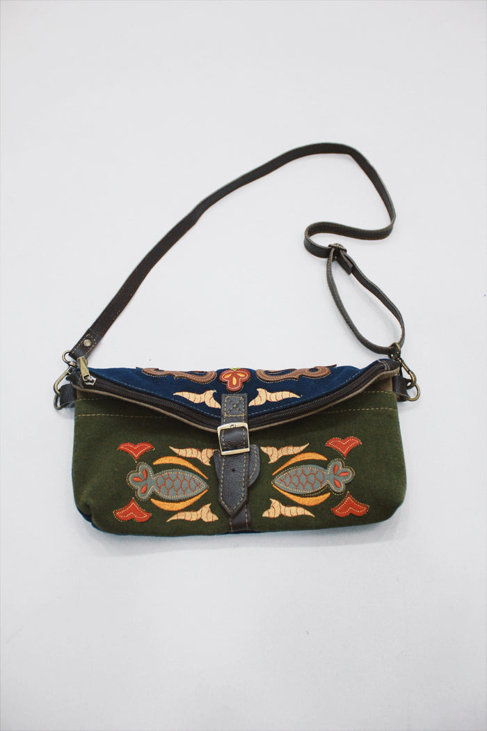 Bolsa Pochete De Lona Artesanal Verde E Azul Yacamim #527