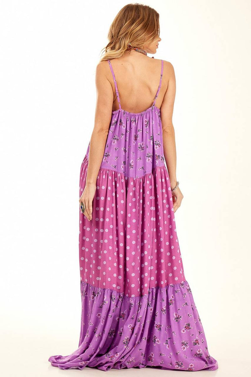 Vestido Longo De Alças Reguláveis Roxo Patchwork Yacamim