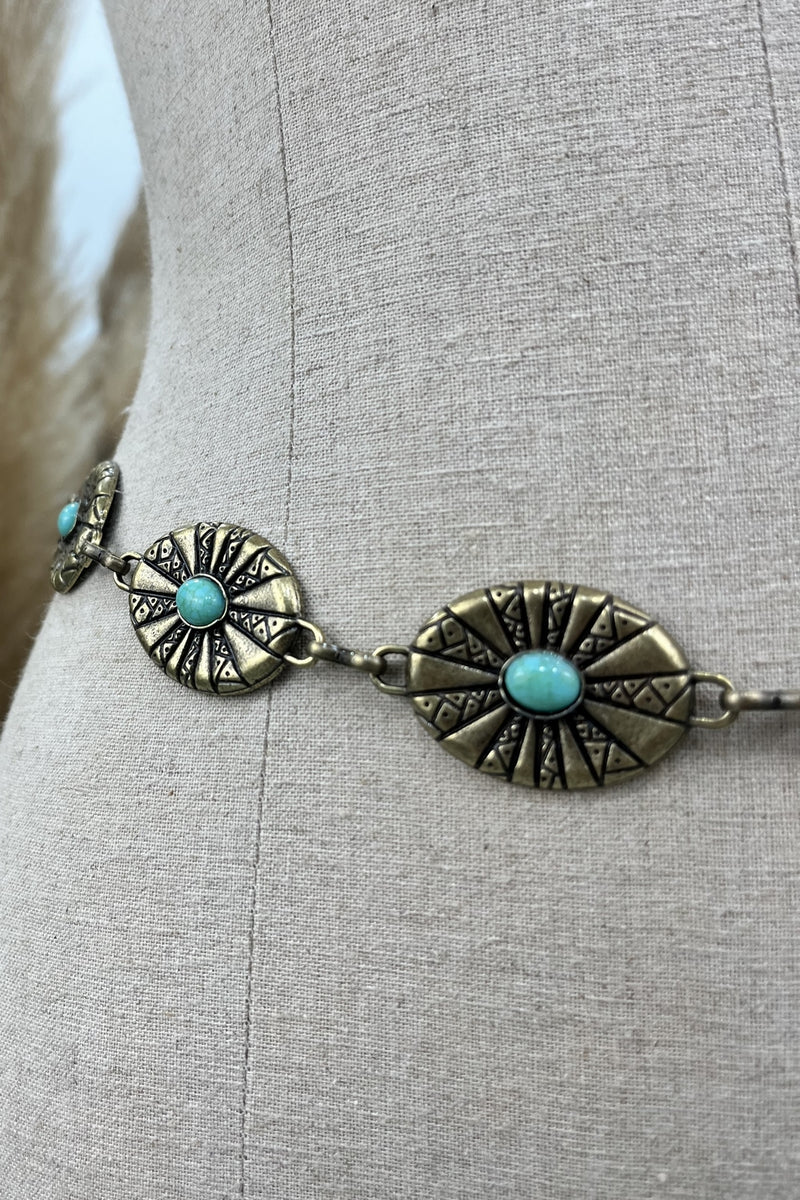 Cinto De Correntes Em Ouro Velho Com Pedras Verdes Yacamim #214