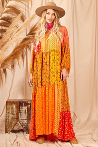 Vestido Longo Com Mangas Longas Bufantes Patchwork Yacamim D10