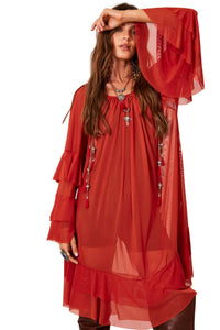 Vestido Curto De Tule Com Babados Terracota Yacamim E14