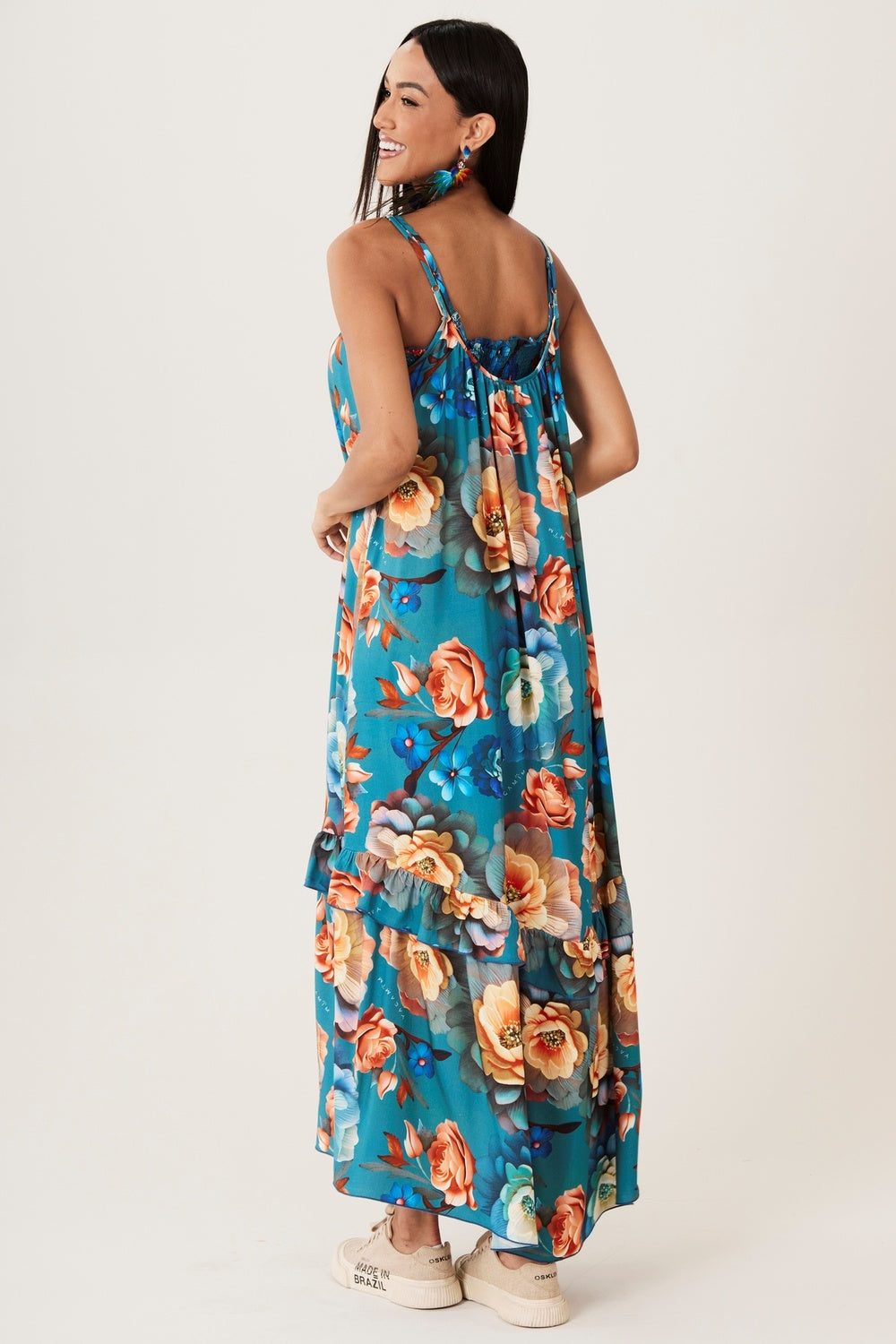 Vestido Longo Alças Com Top Turquesa Estampado Yacamim D29